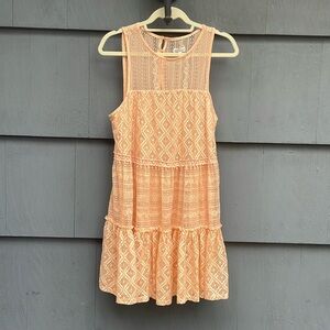 Mini coral spring dress with lacy outer layer